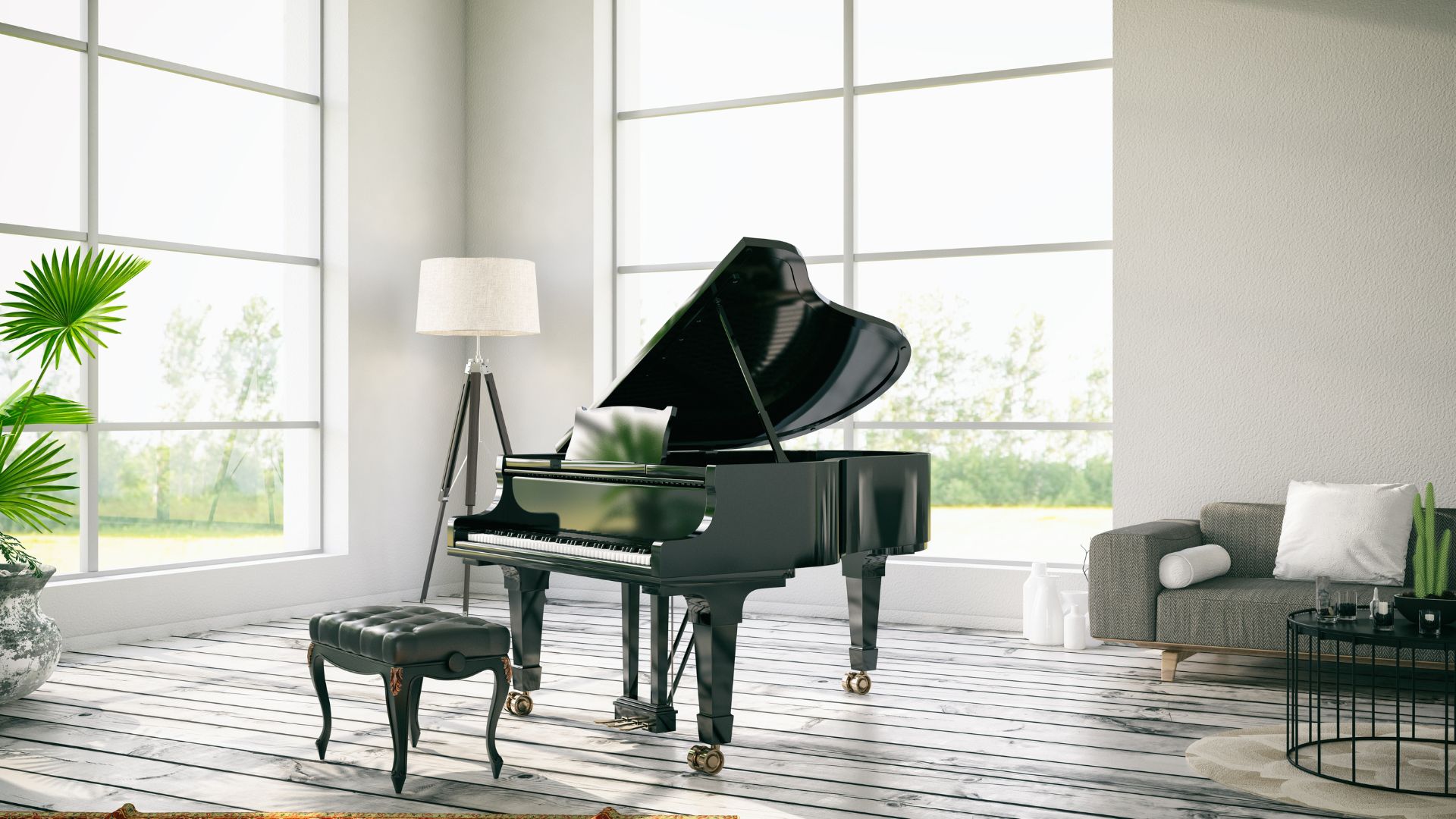 Black grand piano in bright living room with large windows and modern furniture