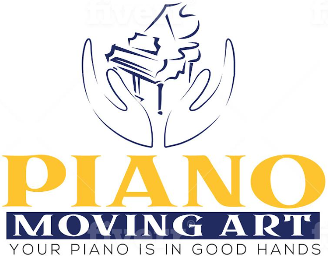 Piano Moving Art logo with protective hands and stacked books icon